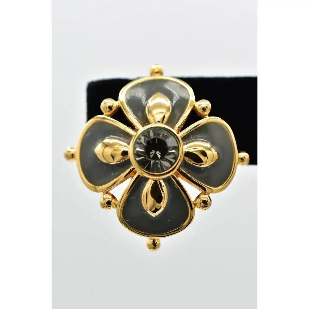 Joan Rivers Vintage Flower Clip On Earrings Gray Enamel Crystal Signed 90s BinBK